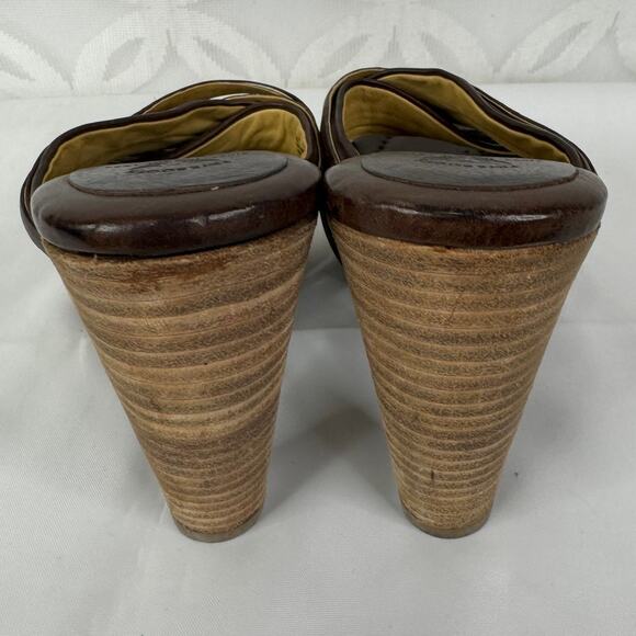 Frye Brown Leather Reese Multi Slide Heels 7.5 Stacked Cone Heel Slip On Sandals - Picture 6 of 9